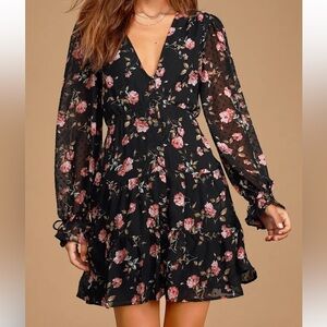 Lulu's Fleur-ty Girl Black Floral Print Sheer Chiffon Babydoll Mini Dress EUC